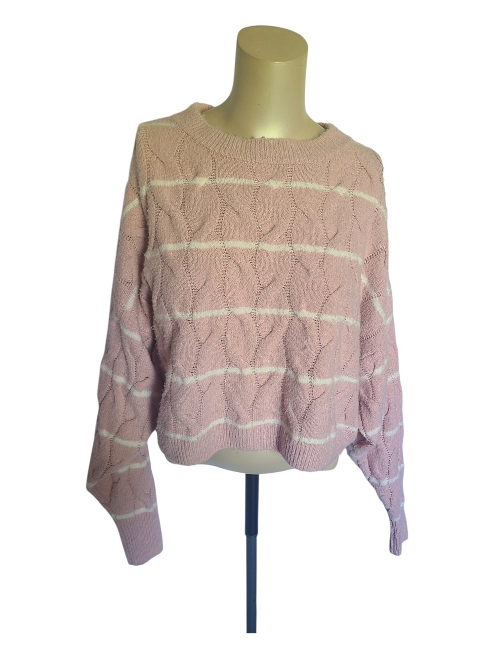 Pink Republic Cable Knit Striped Cropped Sweater Pink White Small